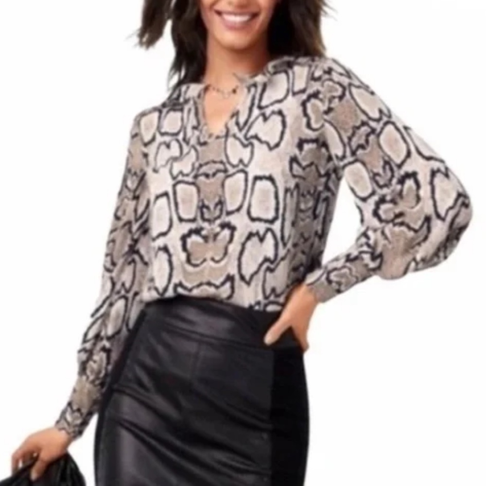 Cabi Women’s Serpentine Animal Snake Print V Neck Long Sleeve Blouse
